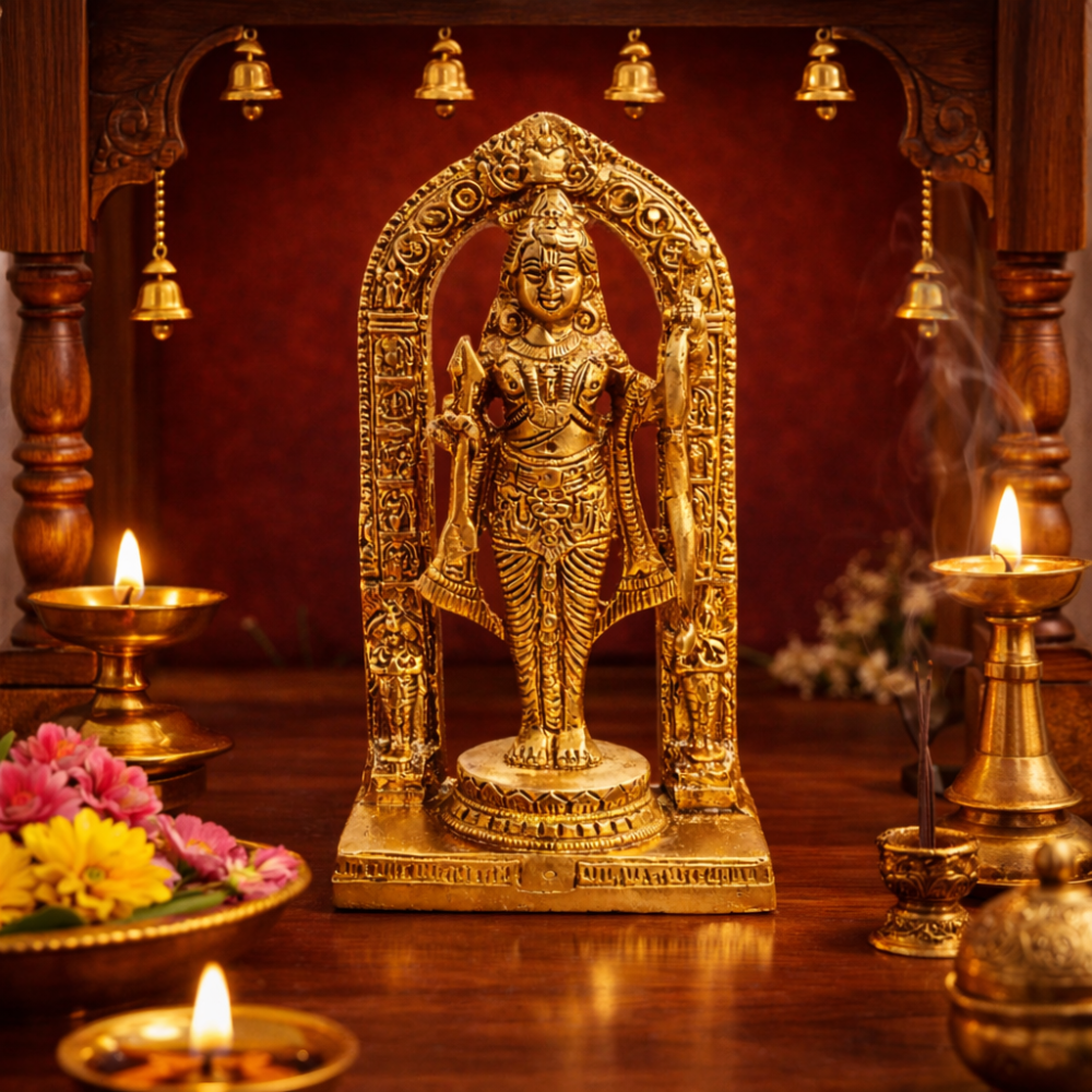 LUXEBERRY Divine Ram Lalla Brass Idol (800g) – Ayodhya Inspired Lord Ram Murti for Home Temple & Decor