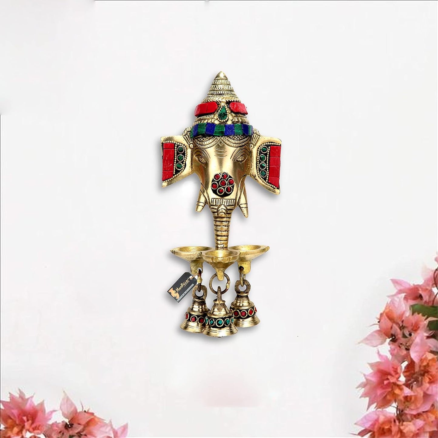 Luxeberry Gemstone Work Brass Ganesha Wall Hanging Diya with Bells for Home Decor, Brass Hanging Diyas Oil Lamp, Diwali Gifts, Diyas for Diwali, Ghanti for Pooja, Temple Decor, Pack of 1