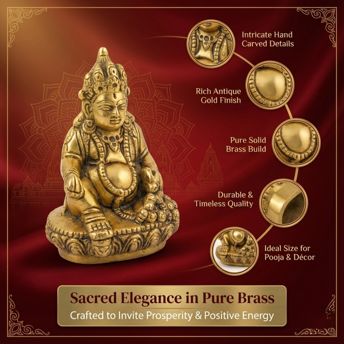 LUXEBERRY Kuber Ji Brass Idol (560g) – Lord of Wealth & Prosperity for Vastu, Puja & Office Decor