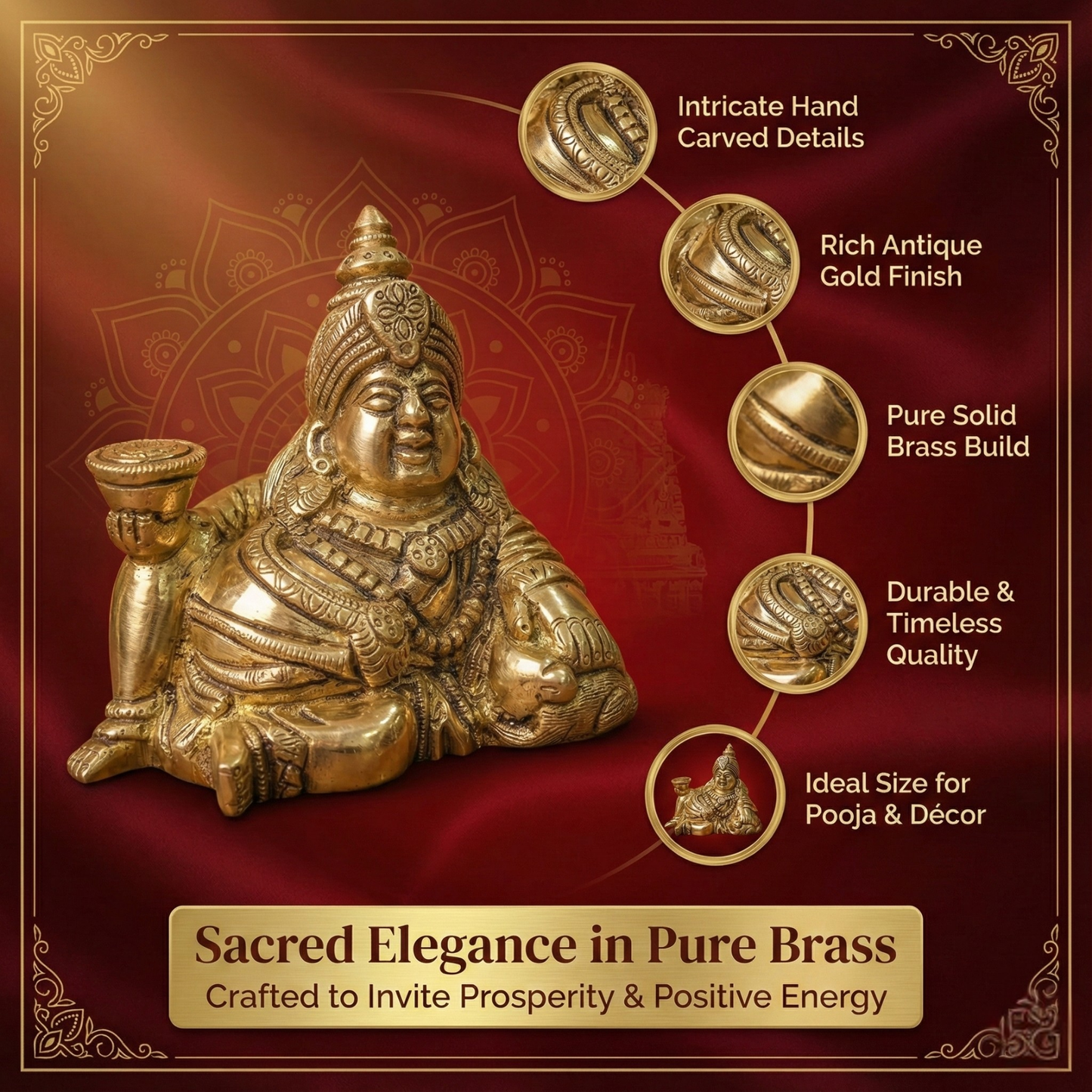 Luxeberry Pure Brass Sitting Kuber Ji Idol – Divine Lord of Wealth for Prosperity & Financial Success