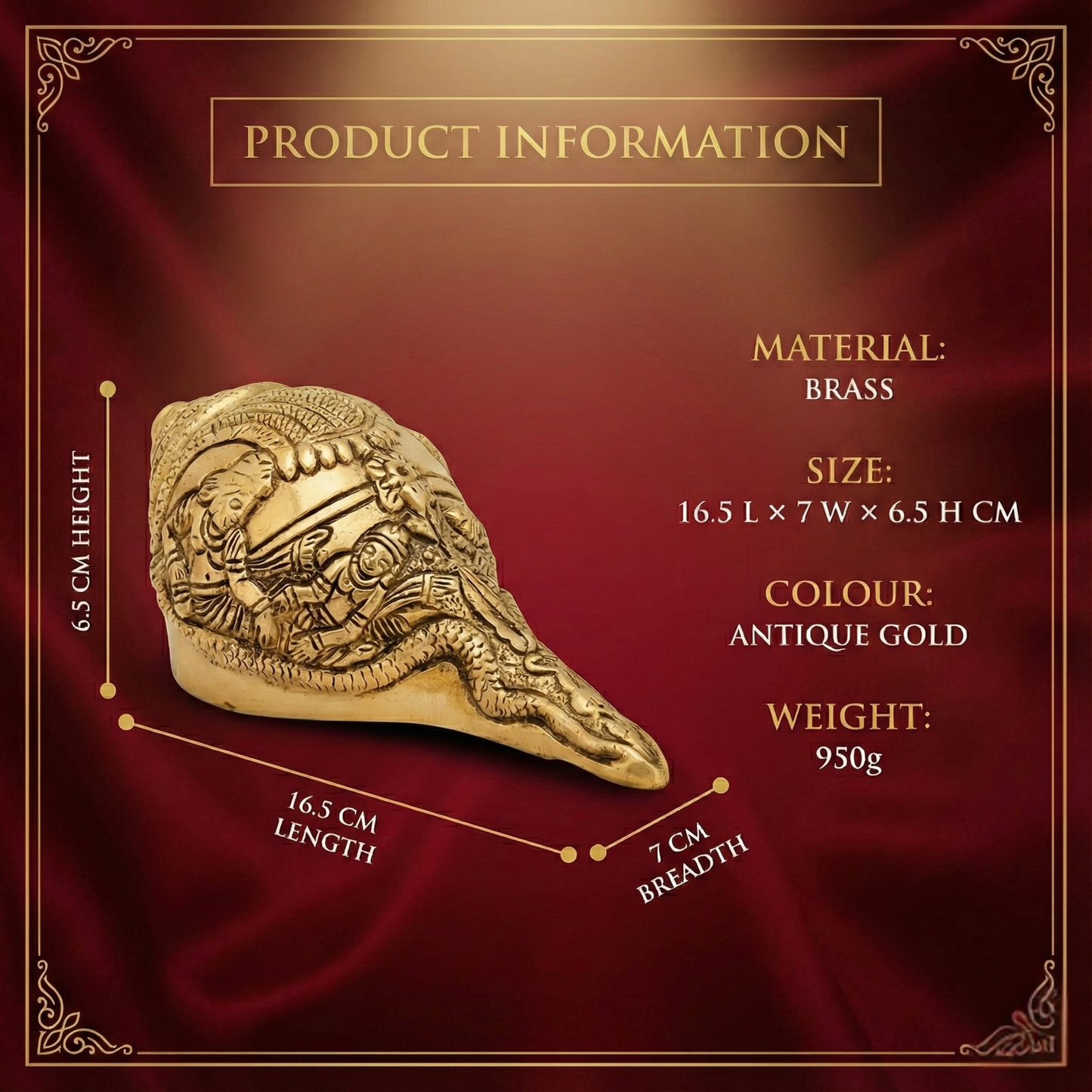 Luxeberry Pure Brass Vishnu Laxmi Shankh (950g) – Handcrafted Divine Decorative Conch for Prosperity