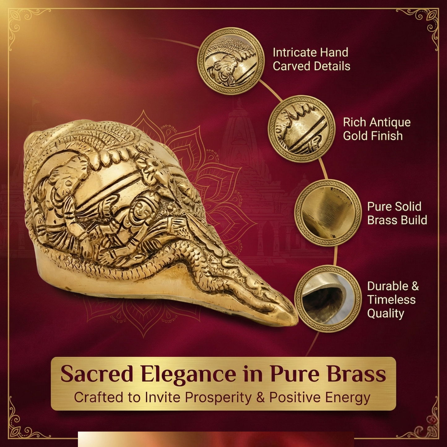 Luxeberry Pure Brass Vishnu Laxmi Shankh (950g) – Handcrafted Divine Decorative Conch for Prosperity