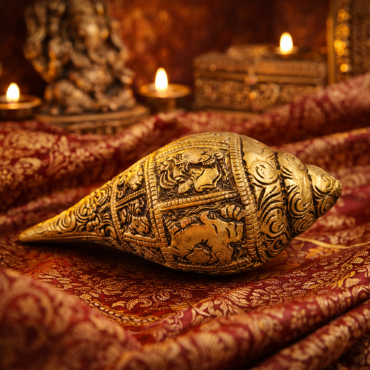 Luxeberry Pure Brass Ganesh Shankh (450g) – Handcrafted Divine Decorative Conch