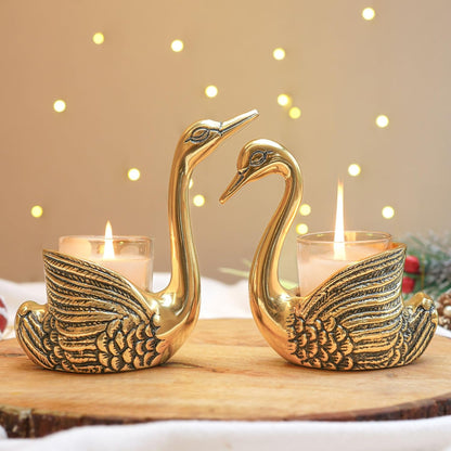 Luxeberry Aluminium Pair of Swans with Gift Box for Good Luck | Feng Shui Love Gifts Candle Holder for Home Decor Living Room | Showpiece Anniversary Wedding Gifts for Couple (Candles not Included) Gold