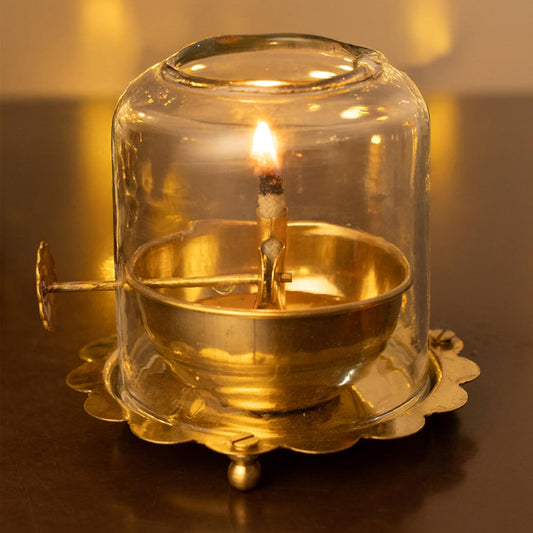 Luxeberry Brass Akhand Diya for Pooja with Adjustable Bati Knob & Glass Cover|Traditional Mandir Jyoti Deepak Deepam Oil Lamp Kundulu|Pooja Essentials (150 Ml|4 Inch)