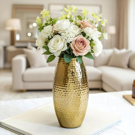 Luxeberry Metal Hammered Vase for Home Decor Decoratives for Living Room | Best Gift for Birthday Anniversary Valentine's Day Diwali Ganpati Onam |Golden Oblong Shape 1 Large Pcs (Flower not Included)