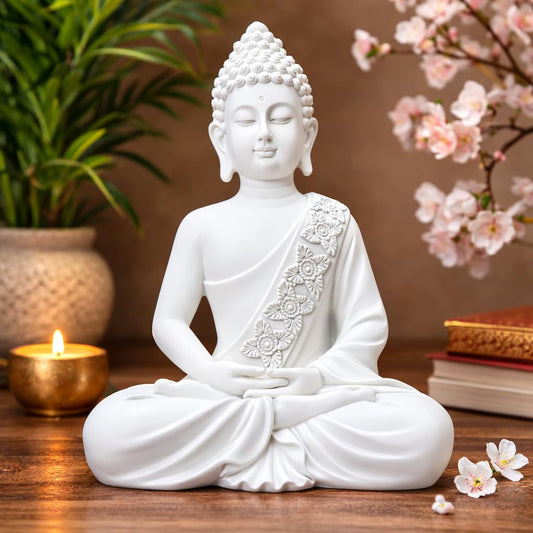 Luxeberry Buddha Idol for Home Decor|Buddh/Gautam Buddha/Shakyamuni Statue Figurine Showpiece for House Warming Birthday Corporate Gift|Home Decoration Items for Living Room (White, 10 inch)