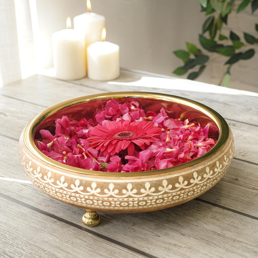 Luxeberry Wood & Metal Design 11 Inches Urli, Decorative Bowl for Home Decor | Uruli for Indoor Center Table Flower Decoration | Wooden Urili Tray for Wedding, Diwali Gifting & Durga Puja Navratri, 1 pc