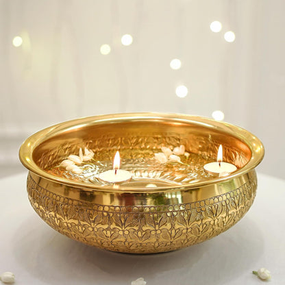 Luxeberry Classic Golden Aluminium Chitai Design 10" inch Urli | Navratri Durga Puja Indoor Center Table Flower Decorative Bowl | Urali for Haldi, Mehandi, Wedding Home Decor, Brass Finish 1Pc 1000 ml