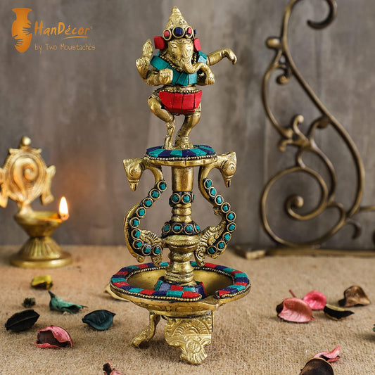 Luxeberry 8 Inches Dancing Ganesha Gemstone Work Brass Oil Diya, Brass Lamps for Home , Diyas for Housewarming , Diya for Diwali Decoration , Diyas for Pooja , Multicolored, Standard , Pack of 1