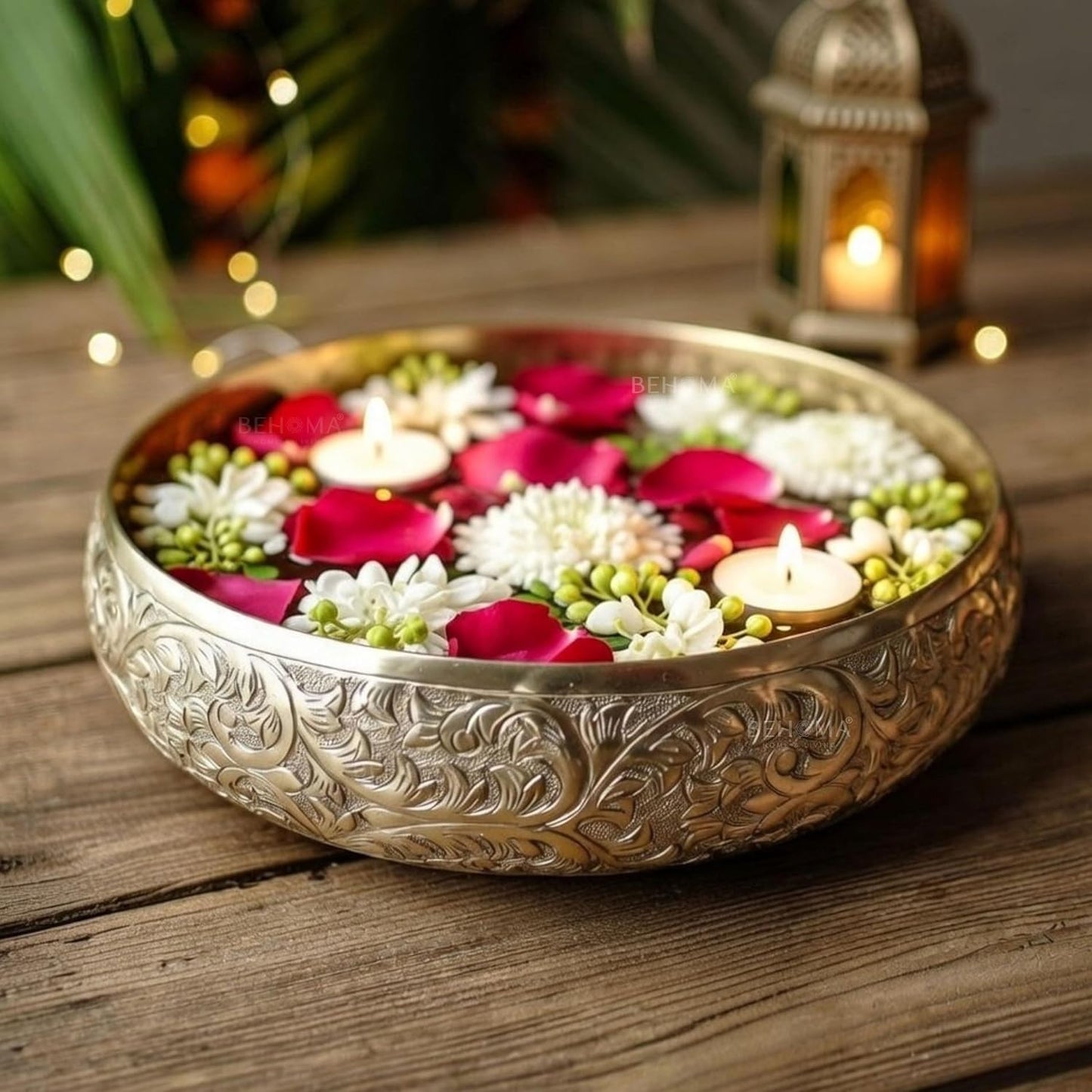 Luxeberry Golden Aluminium Chitai Design 10" inch Urli | Navratri Durga Puja Indoor Outdoor Center Table Flower Decorative Bowl | Urali for Haldi, Mehandi, Wedding & Home Decor, Brass Finish 1Pc, 2000 ml