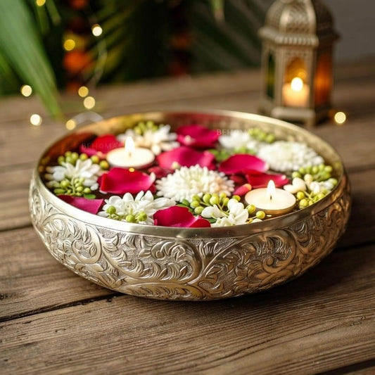 Luxeberry Golden Aluminium Chitai Design 10" inch Urli | Navratri Durga Puja Indoor Outdoor Center Table Flower Decorative Bowl | Urali for Haldi, Mehandi, Wedding & Home Decor, Brass Finish 1Pc, 2000 ml