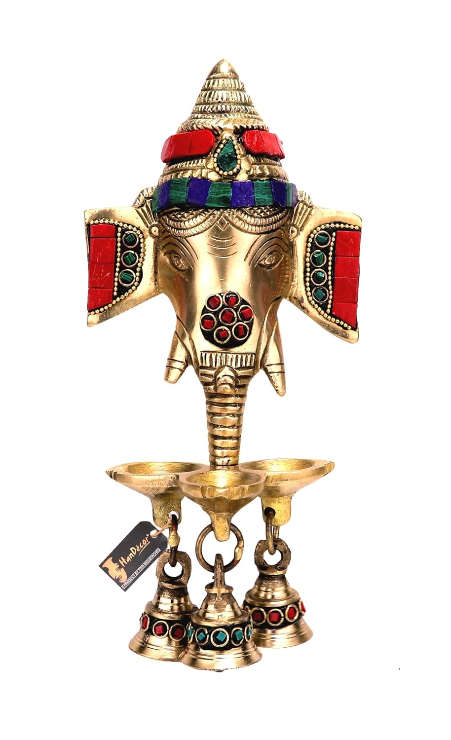 Luxeberry Gemstone Work Brass Ganesha Wall Hanging Diya with Bells for Home Decor, Brass Hanging Diyas Oil Lamp, Diwali Gifts, Diyas for Diwali, Ghanti for Pooja, Temple Decor, Pack of 1