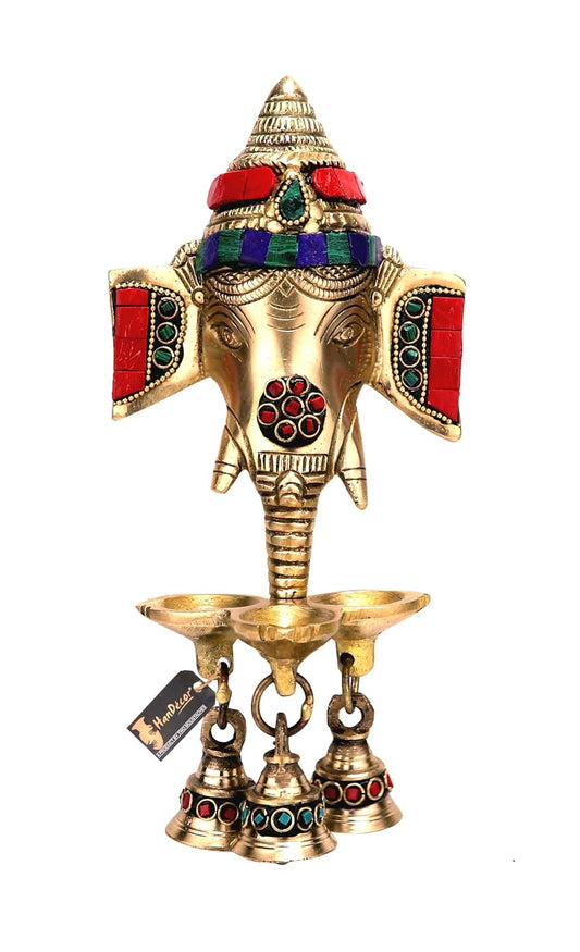 Luxeberry Gemstone Work Brass Ganesha Wall Hanging Diya with Bells for Home Decor, Brass Hanging Diyas Oil Lamp, Diwali Gifts, Diyas for Diwali, Ghanti for Pooja, Temple Decor, Pack of 1