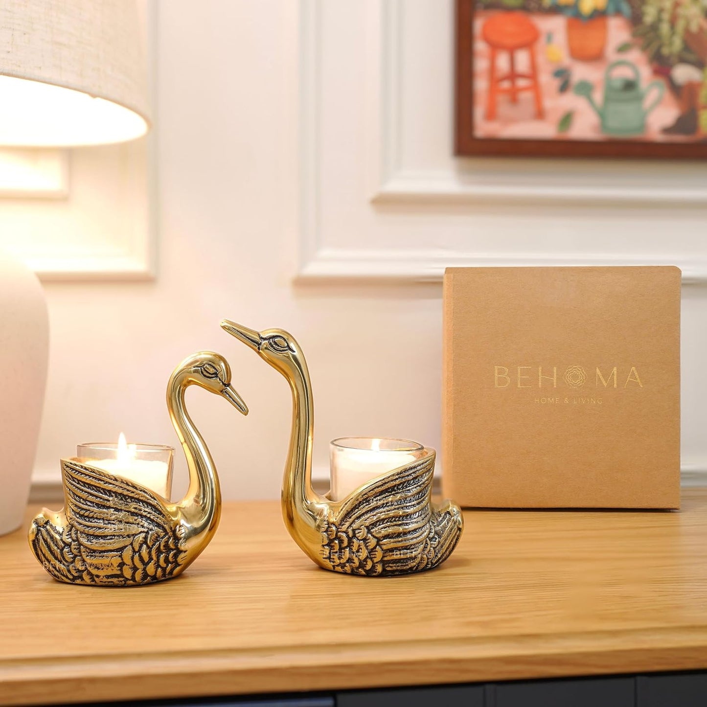 Luxeberry Aluminium Pair of Swans with Gift Box for Good Luck | Feng Shui Love Gifts Candle Holder for Home Decor Living Room | Showpiece Anniversary Wedding Gifts for Couple (Candles not Included) Gold