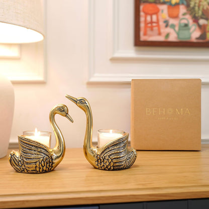 Luxeberry Aluminium Pair of Swans with Gift Box for Good Luck | Feng Shui Love Gifts Candle Holder for Home Decor Living Room | Showpiece Anniversary Wedding Gifts for Couple (Candles not Included) Gold