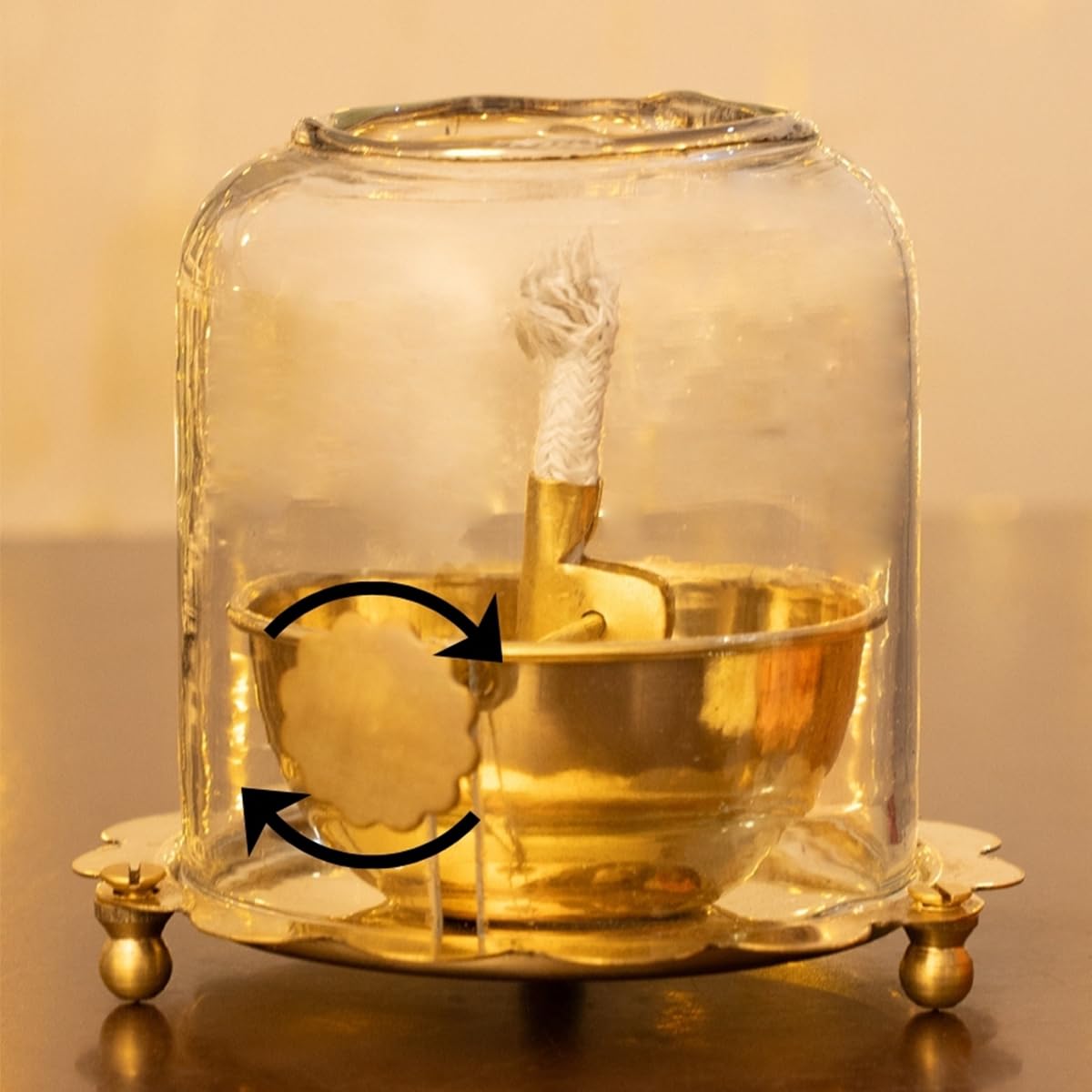 Luxeberry Brass Akhand Diya for Pooja with Adjustable Bati Knob & Glass Cover|Traditional Mandir Jyoti Deepak Deepam Oil Lamp Kundulu|Pooja Essentials (150 Ml|4 Inch)