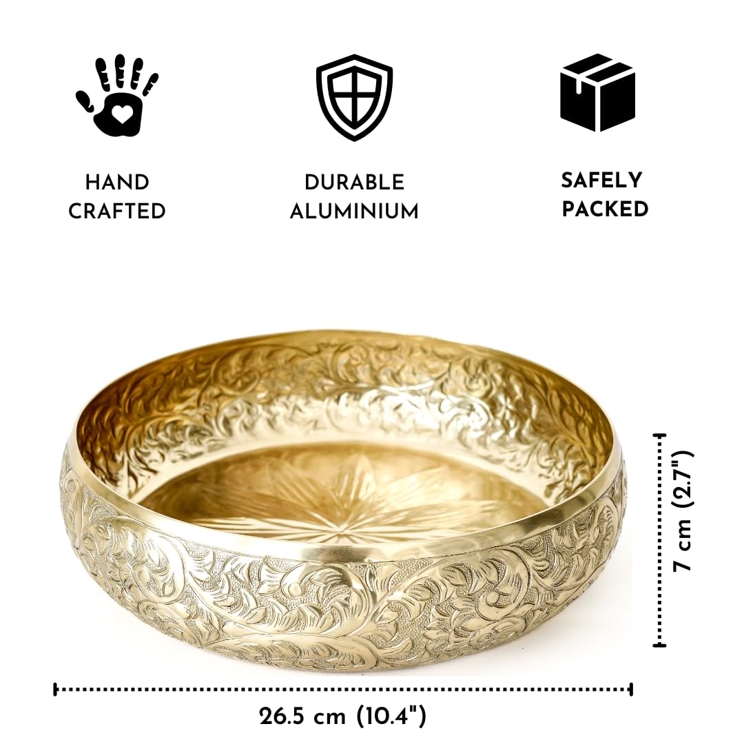 Luxeberry Golden Aluminium Chitai Design 10" inch Urli | Navratri Durga Puja Indoor Outdoor Center Table Flower Decorative Bowl | Urali for Haldi, Mehandi, Wedding & Home Decor, Brass Finish 1Pc, 2000 ml