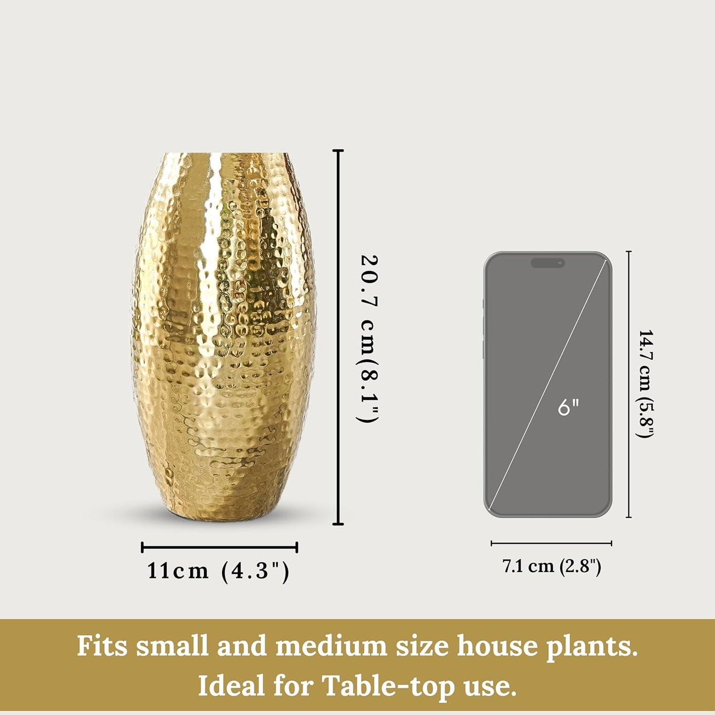 Luxeberry Metal Hammered Vase for Home Decor Decoratives for Living Room | Best Gift for Birthday Anniversary Valentine's Day Diwali Ganpati Onam |Golden Oblong Shape 1 Large Pcs (Flower not Included)