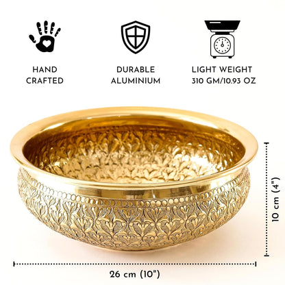 Luxeberry Classic Golden Aluminium Chitai Design 10" inch Urli | Navratri Durga Puja Indoor Center Table Flower Decorative Bowl | Urali for Haldi, Mehandi, Wedding Home Decor, Brass Finish 1Pc 1000 ml