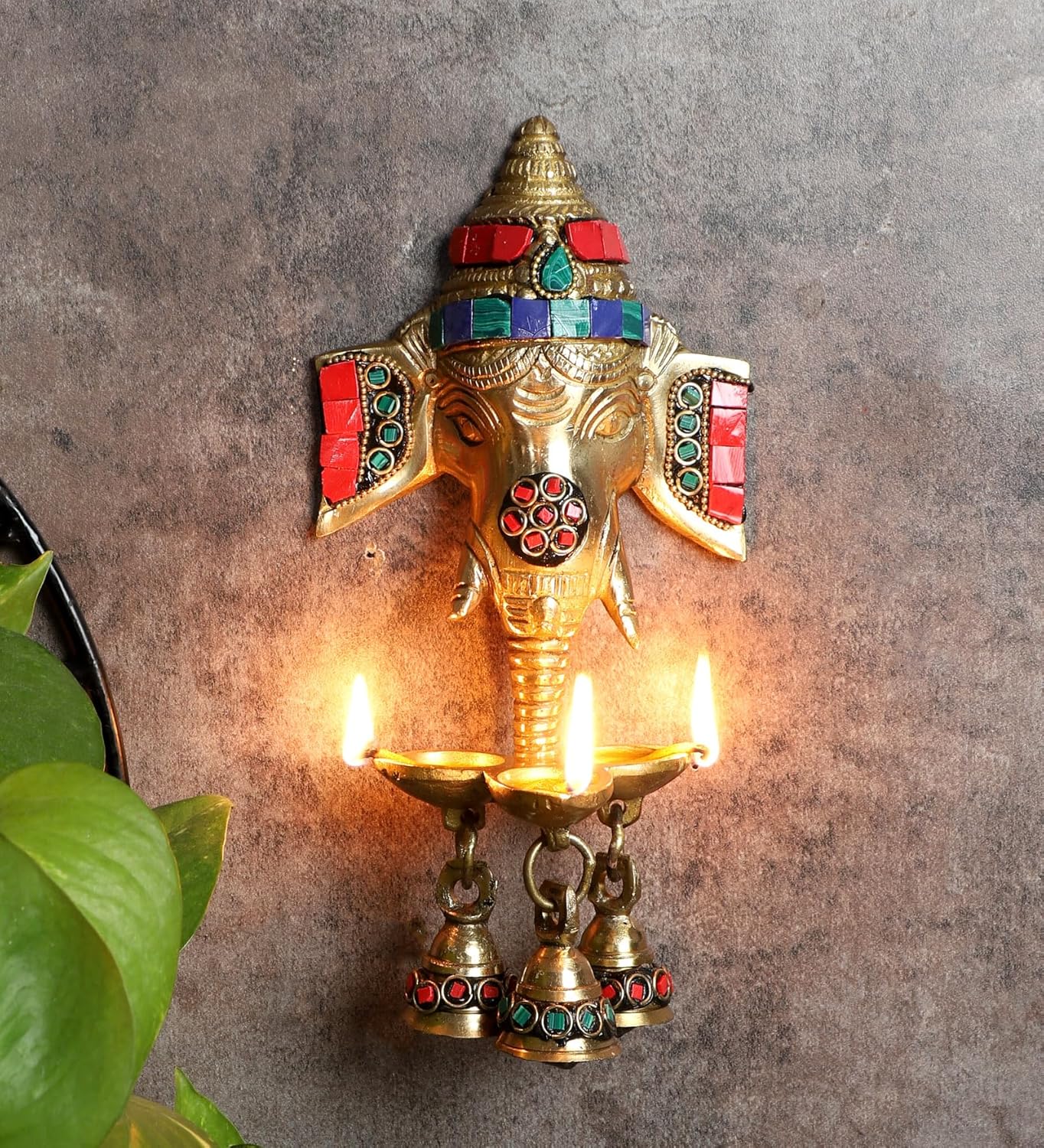 Luxeberry Gemstone Work Brass Ganesha Wall Hanging Diya with Bells for Home Decor, Brass Hanging Diyas Oil Lamp, Diwali Gifts, Diyas for Diwali, Ghanti for Pooja, Temple Decor, Pack of 1