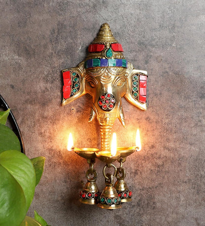 Luxeberry Gemstone Work Brass Ganesha Wall Hanging Diya with Bells for Home Decor, Brass Hanging Diyas Oil Lamp, Diwali Gifts, Diyas for Diwali, Ghanti for Pooja, Temple Decor, Pack of 1