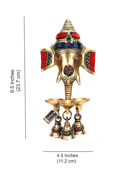Luxeberry Gemstone Work Brass Ganesha Wall Hanging Diya with Bells for Home Decor, Brass Hanging Diyas Oil Lamp, Diwali Gifts, Diyas for Diwali, Ghanti for Pooja, Temple Decor, Pack of 1