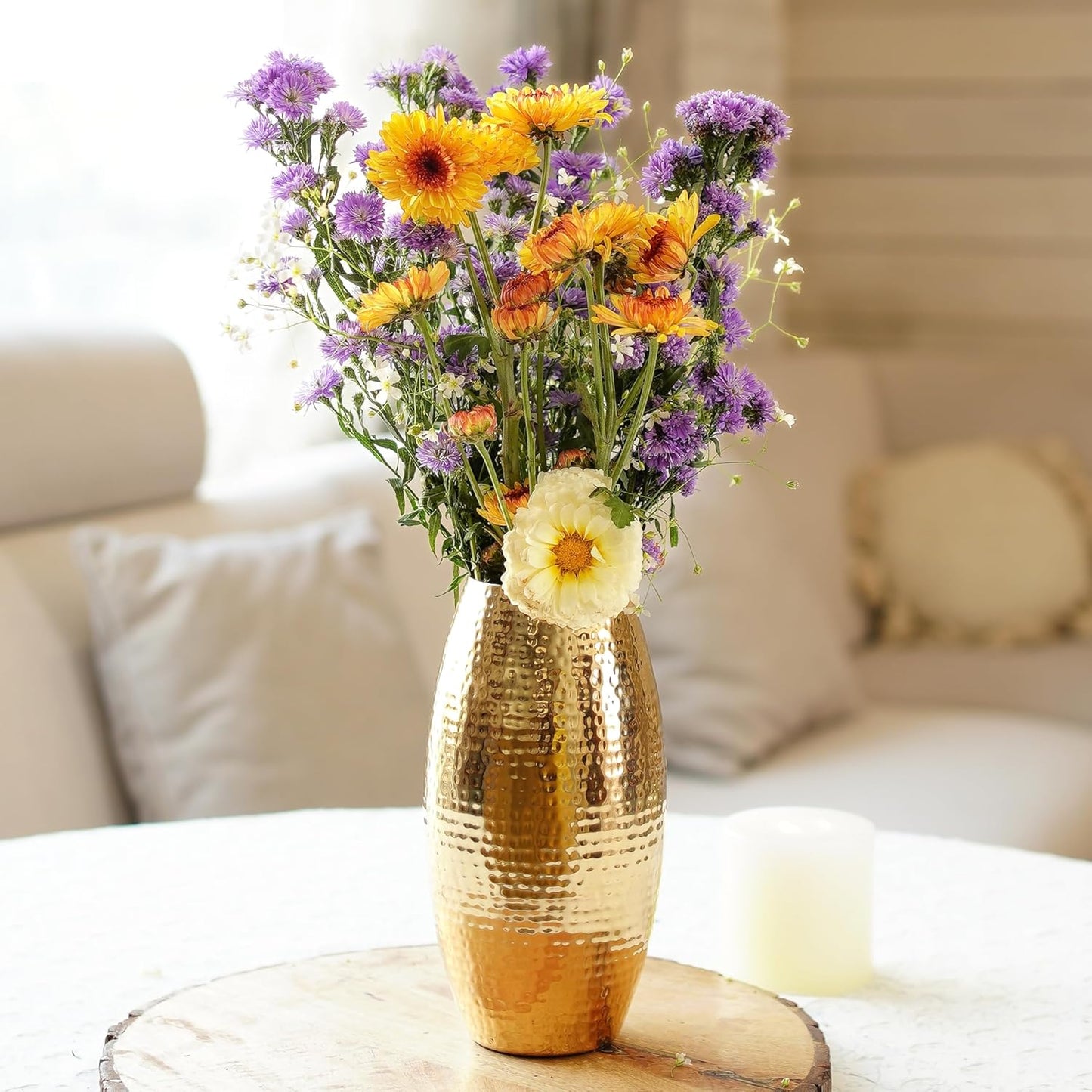 Luxeberry Metal Hammered Vase for Home Decor Decoratives for Living Room | Best Gift for Birthday Anniversary Valentine's Day Diwali Ganpati Onam |Golden Oblong Shape 1 Large Pcs (Flower not Included)