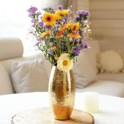 Luxeberry Metal Hammered Vase for Home Decor Decoratives for Living Room | Best Gift for Birthday Anniversary Valentine's Day Diwali Ganpati Onam |Golden Oblong Shape 1 Large Pcs (Flower not Included)