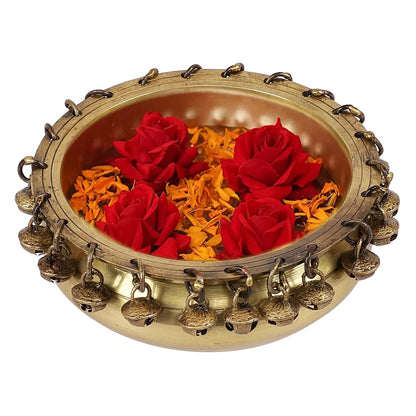 Luxeberry Ethnic Traditional 6 Inches Brass Urli Bowl with Bells Showpiece, Brass Urli for Decor, Housewarming Gifts, Standard, Pack of 1