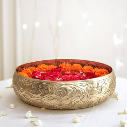 Luxeberry Golden Aluminium Chitai Design 10" inch Urli | Navratri Durga Puja Indoor Outdoor Center Table Flower Decorative Bowl | Urali for Haldi, Mehandi, Wedding & Home Decor, Brass Finish 1Pc, 2000 ml