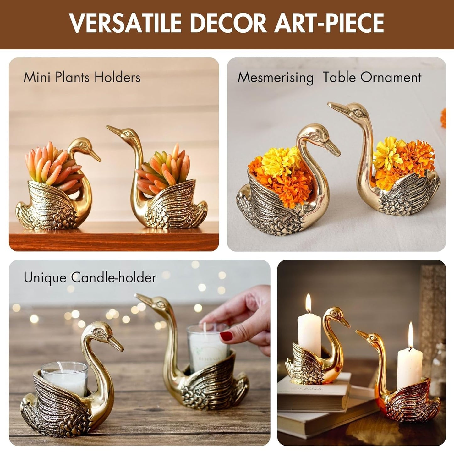 Luxeberry Aluminium Pair of Swans with Gift Box for Good Luck | Feng Shui Love Gifts Candle Holder for Home Decor Living Room | Showpiece Anniversary Wedding Gifts for Couple (Candles not Included) Gold