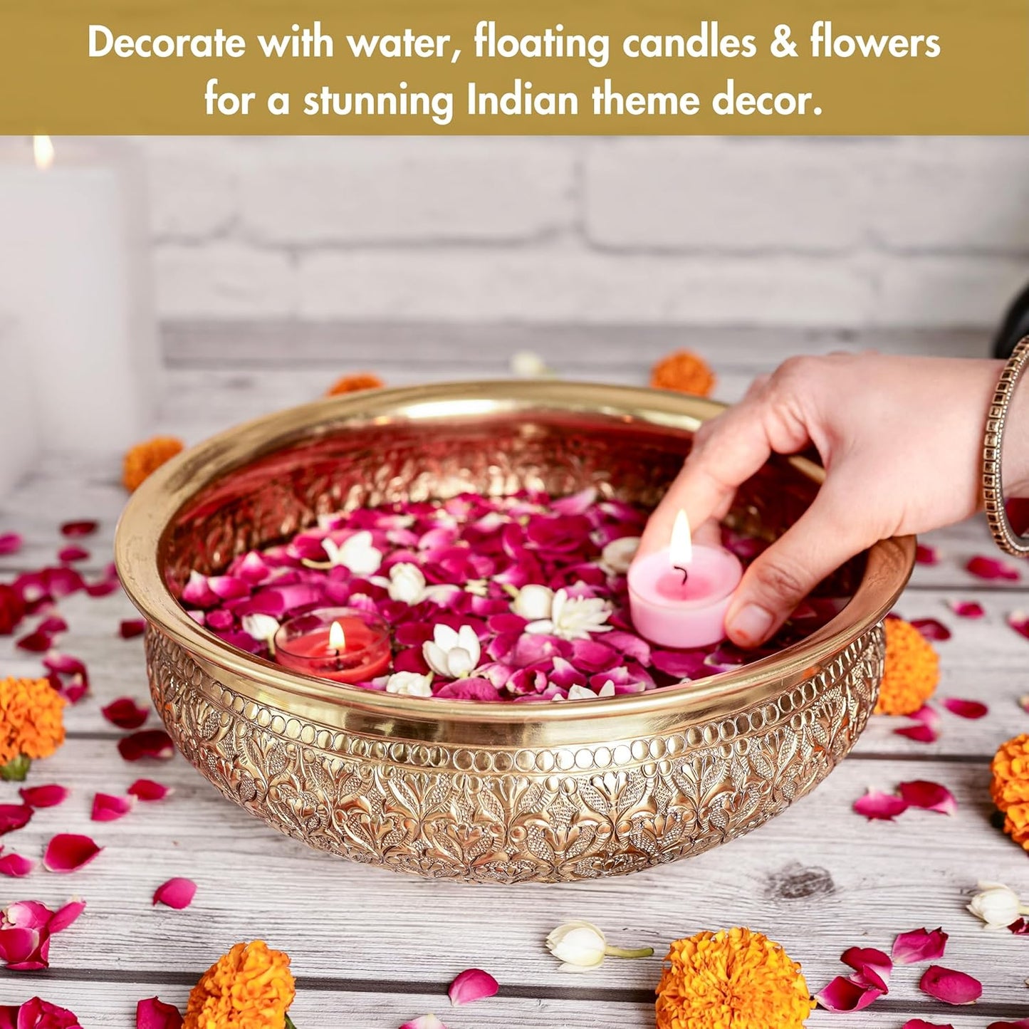 Luxeberry Classic Golden Aluminium Chitai Design 10" inch Urli | Navratri Durga Puja Indoor Center Table Flower Decorative Bowl | Urali for Haldi, Mehandi, Wedding Home Decor, Brass Finish 1Pc 1000 ml