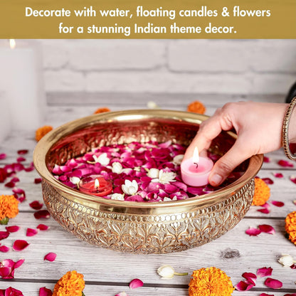 Luxeberry Classic Golden Aluminium Chitai Design 10" inch Urli | Navratri Durga Puja Indoor Center Table Flower Decorative Bowl | Urali for Haldi, Mehandi, Wedding Home Decor, Brass Finish 1Pc 1000 ml