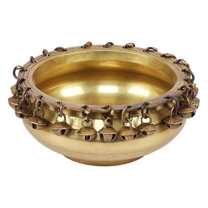 Luxeberry Ethnic Traditional 6 Inches Brass Urli Bowl with Bells Showpiece, Brass Urli for Decor, Housewarming Gifts, Standard, Pack of 1