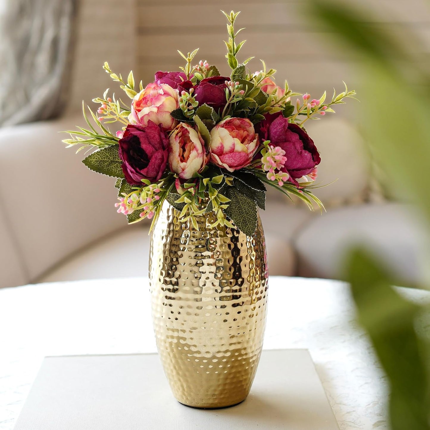 Luxeberry Metal Hammered Vase for Home Decor Decoratives for Living Room | Best Gift for Birthday Anniversary Valentine's Day Diwali Ganpati Onam |Golden Oblong Shape 1 Large Pcs (Flower not Included)