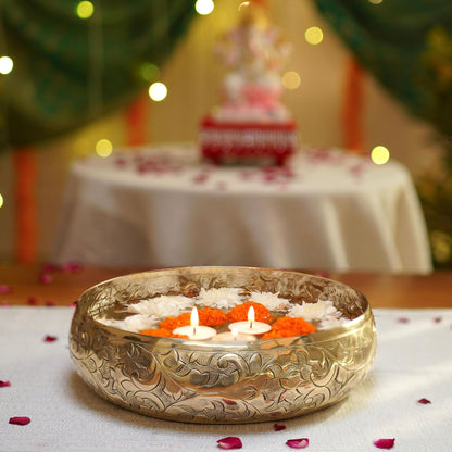 Luxeberry Golden Aluminium Chitai Design 10" inch Urli | Navratri Durga Puja Indoor Outdoor Center Table Flower Decorative Bowl | Urali for Haldi, Mehandi, Wedding & Home Decor, Brass Finish 1Pc, 2000 ml