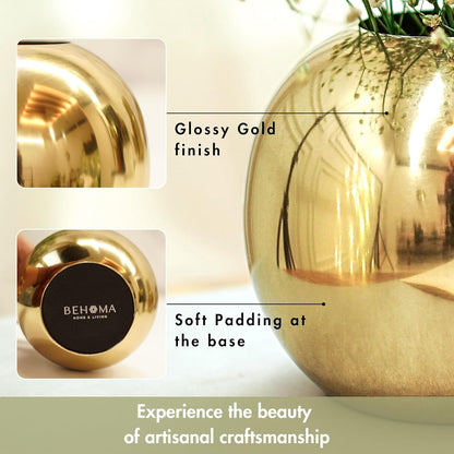 Luxeberry Metal Ball Round Metal Vase for Home Décor | Table Decorative Flower Pot for Valentine’s Day | Perfect Couple Gift for Wedding, Anniversary, Birthday | Gold, Small (Flower Not Included)