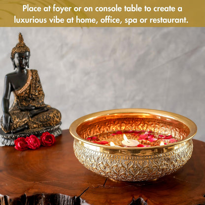 Luxeberry Classic Golden Aluminium Chitai Design 10" inch Urli | Navratri Durga Puja Indoor Center Table Flower Decorative Bowl | Urali for Haldi, Mehandi, Wedding Home Decor, Brass Finish 1Pc 1000 ml