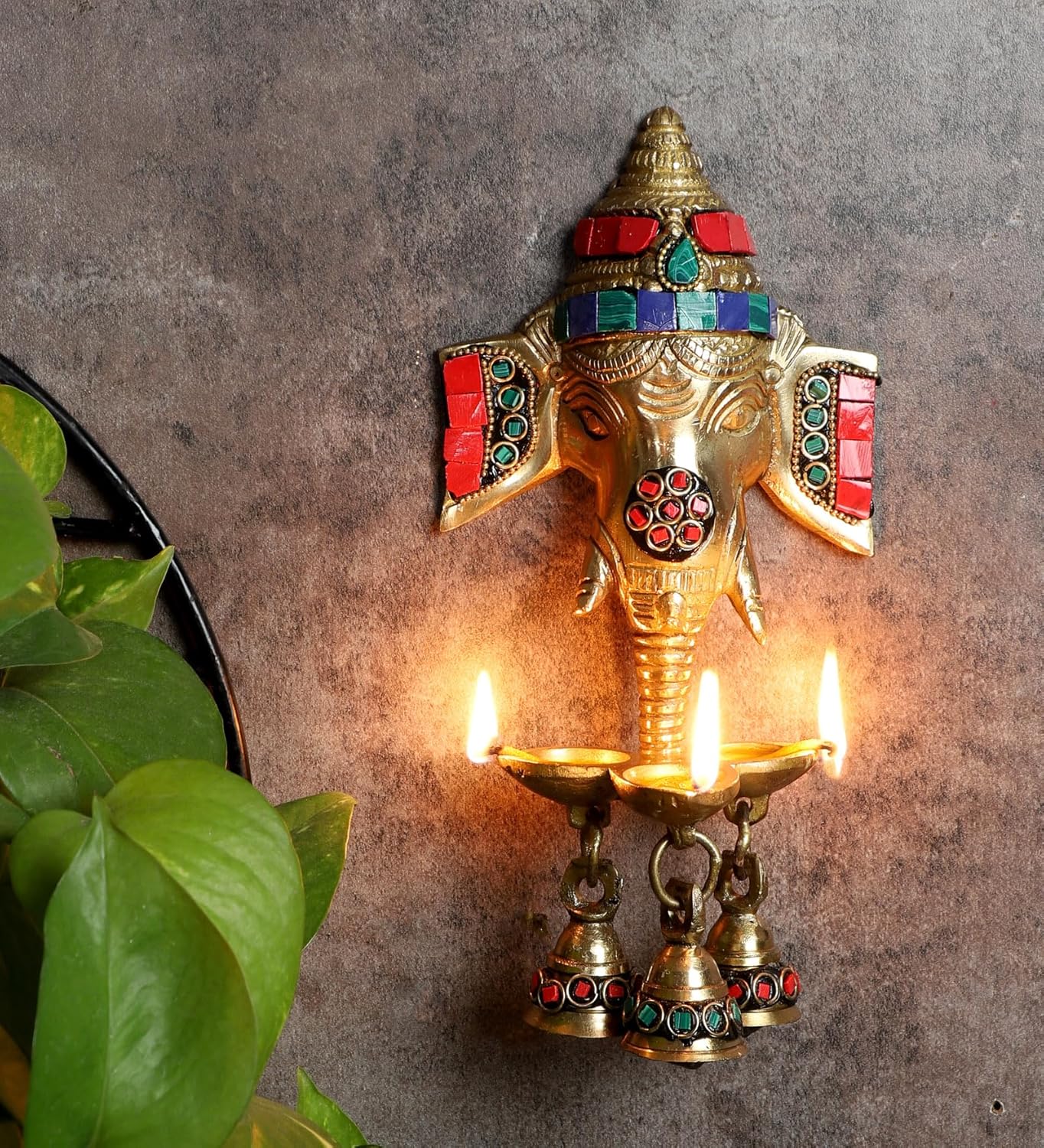Luxeberry Gemstone Work Brass Ganesha Wall Hanging Diya with Bells for Home Decor, Brass Hanging Diyas Oil Lamp, Diwali Gifts, Diyas for Diwali, Ghanti for Pooja, Temple Decor, Pack of 1