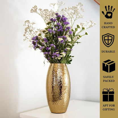 Luxeberry Metal Hammered Vase for Home Decor Decoratives for Living Room | Best Gift for Birthday Anniversary Valentine's Day Diwali Ganpati Onam |Golden Oblong Shape 1 Large Pcs (Flower not Included)