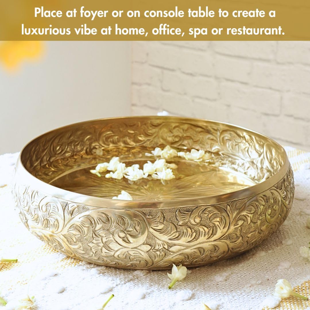 Luxeberry Golden Aluminium Chitai Design 10" inch Urli | Navratri Durga Puja Indoor Outdoor Center Table Flower Decorative Bowl | Urali for Haldi, Mehandi, Wedding & Home Decor, Brass Finish 1Pc, 2000 ml
