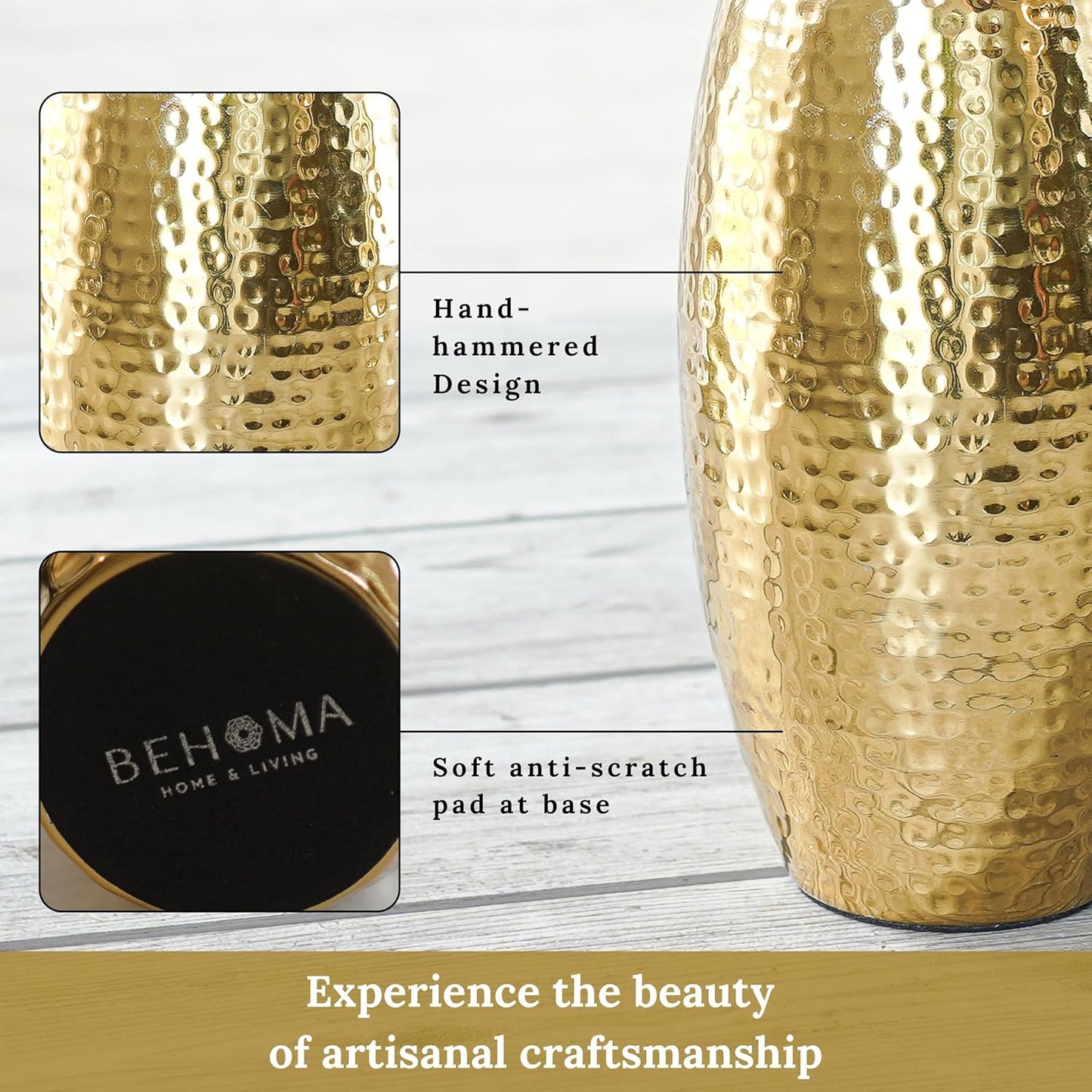 Luxeberry Metal Hammered Vase for Home Decor Decoratives for Living Room | Best Gift for Birthday Anniversary Valentine's Day Diwali Ganpati Onam |Golden Oblong Shape 1 Large Pcs (Flower not Included)