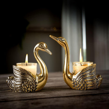 Luxeberry Aluminium Pair of Swans with Gift Box for Good Luck | Feng Shui Love Gifts Candle Holder for Home Decor Living Room | Showpiece Anniversary Wedding Gifts for Couple (Candles not Included) Gold