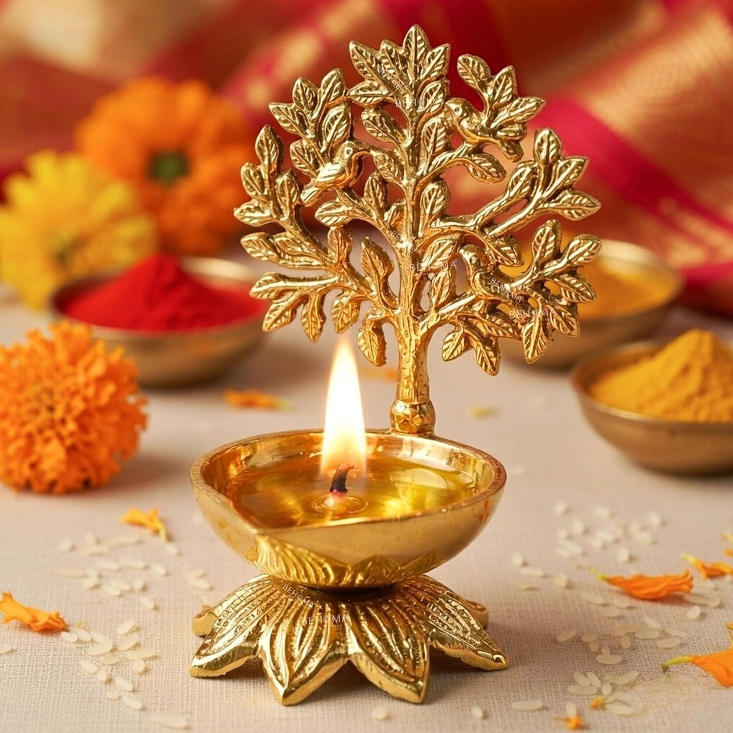 Luxeberry 100% Pure Brass Kalpavriksha Diya for Puja | Religious Deepak for Mandir, Temple, Office & Home Decoration | Handcrafted Tree of Life Diya for Pooja Room | Best Gift for Anniversary, Wedding