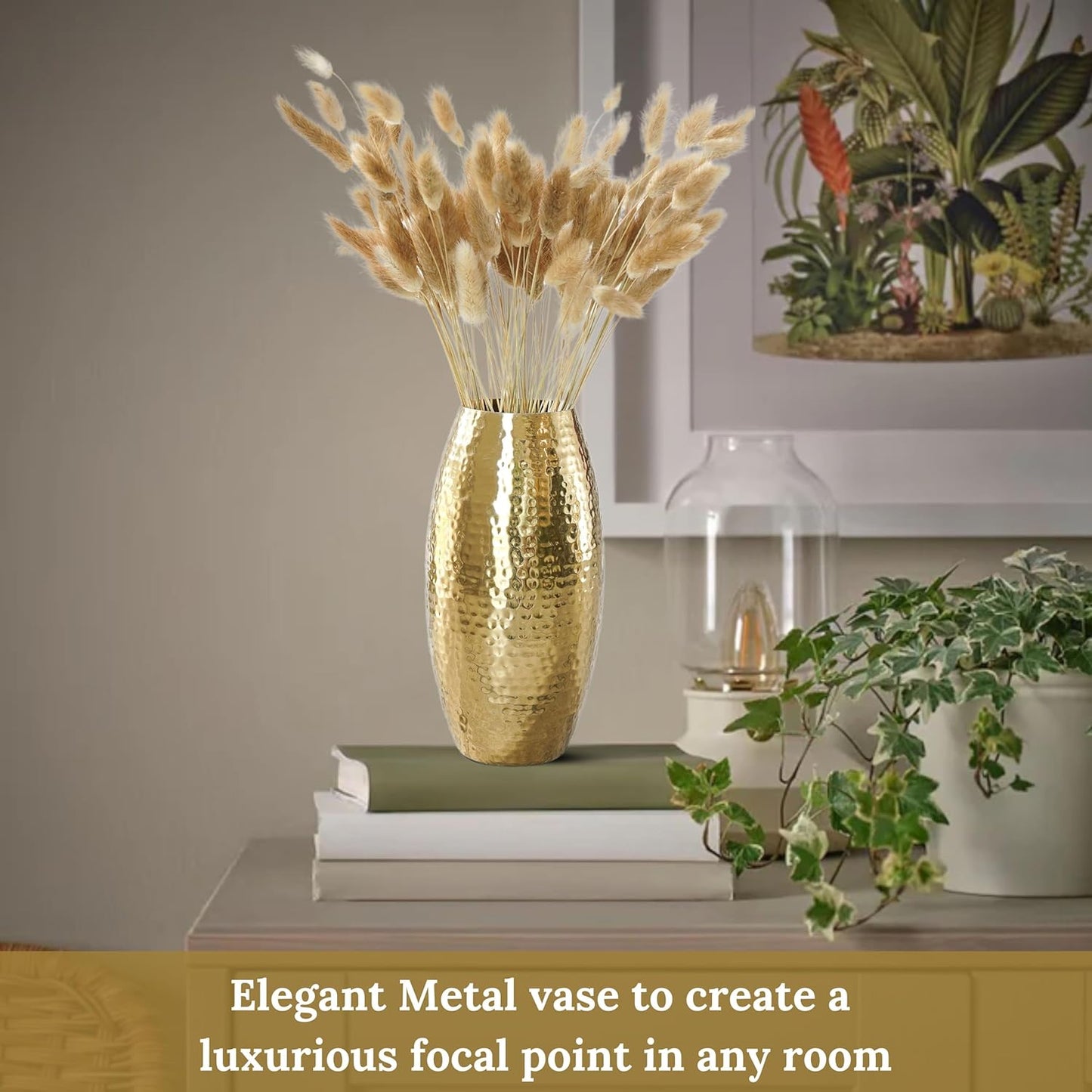Luxeberry Metal Hammered Vase for Home Decor Decoratives for Living Room | Best Gift for Birthday Anniversary Valentine's Day Diwali Ganpati Onam |Golden Oblong Shape 1 Large Pcs (Flower not Included)