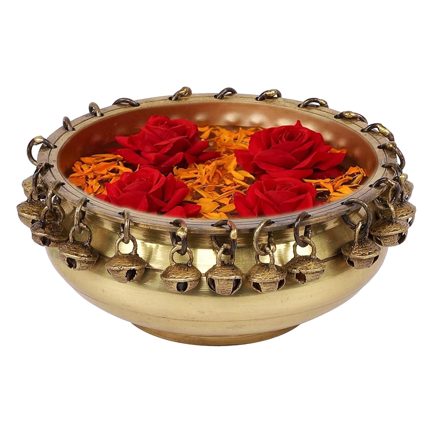 Luxeberry Ethnic Traditional 6 Inches Brass Urli Bowl with Bells Showpiece, Brass Urli for Decor, Housewarming Gifts, Standard, Pack of 1
