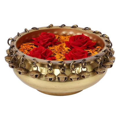 Luxeberry Ethnic Traditional 6 Inches Brass Urli Bowl with Bells Showpiece, Brass Urli for Decor, Housewarming Gifts, Standard, Pack of 1