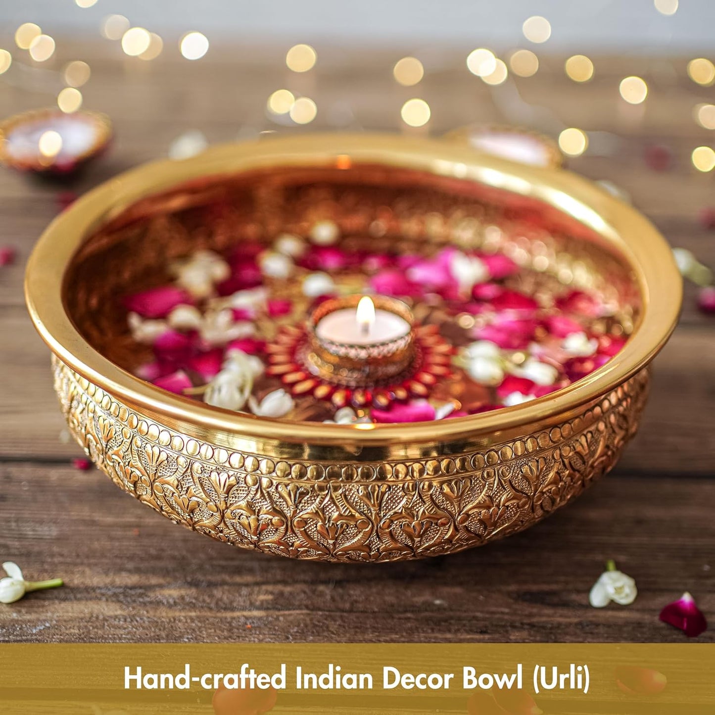Luxeberry Classic Golden Aluminium Chitai Design 10" inch Urli | Navratri Durga Puja Indoor Center Table Flower Decorative Bowl | Urali for Haldi, Mehandi, Wedding Home Decor, Brass Finish 1Pc 1000 ml