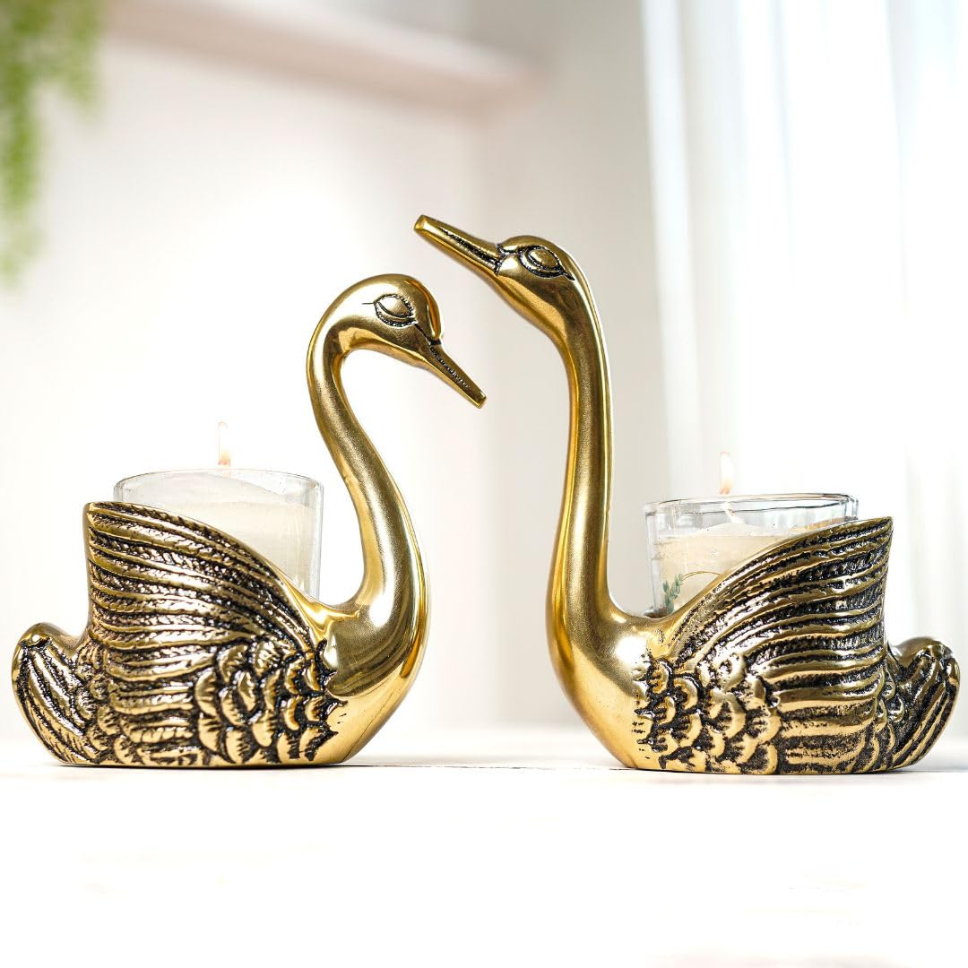 Luxeberry Aluminium Pair of Swans with Gift Box for Good Luck | Feng Shui Love Gifts Candle Holder for Home Decor Living Room | Showpiece Anniversary Wedding Gifts for Couple (Candles not Included) Gold